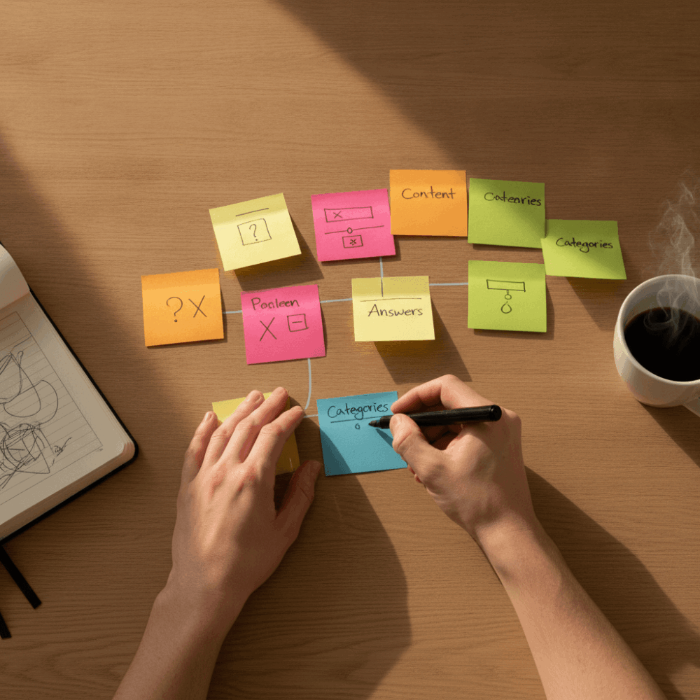 Mains organisant des fiches et post-its de structuration de contenu pour une stratégie GEO locale