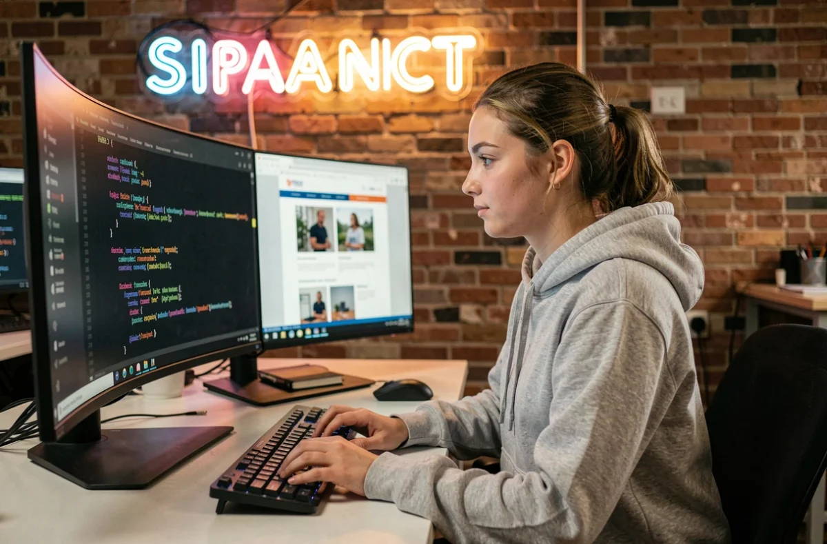 Développeuse web travaillant sur du code sur mesure dans un studio créatif, illustrant les services de développement d'A5sys
