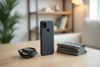Étui noir, verre trempé et chargeur USB-C pour Google Pixel 6 disposés sur un bureau en chêne clair