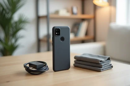 Étui noir, verre trempé et chargeur USB-C pour Google Pixel 6 disposés sur un bureau en chêne clair