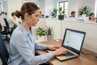 Agente de la fonction publique activant sa messagerie Melanie 2 web sur un ordinateur portable dans un bureau administratif moderne