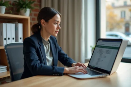 Administratrice de l'Éducation nationale utilisant la messagerie académique Convergence sur son ordinateur portable dans un bureau institutionnel de la DSDEN 33