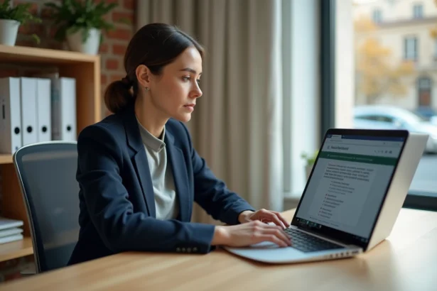 Administratrice de l'Éducation nationale utilisant la messagerie académique Convergence sur son ordinateur portable dans un bureau institutionnel de la DSDEN 33