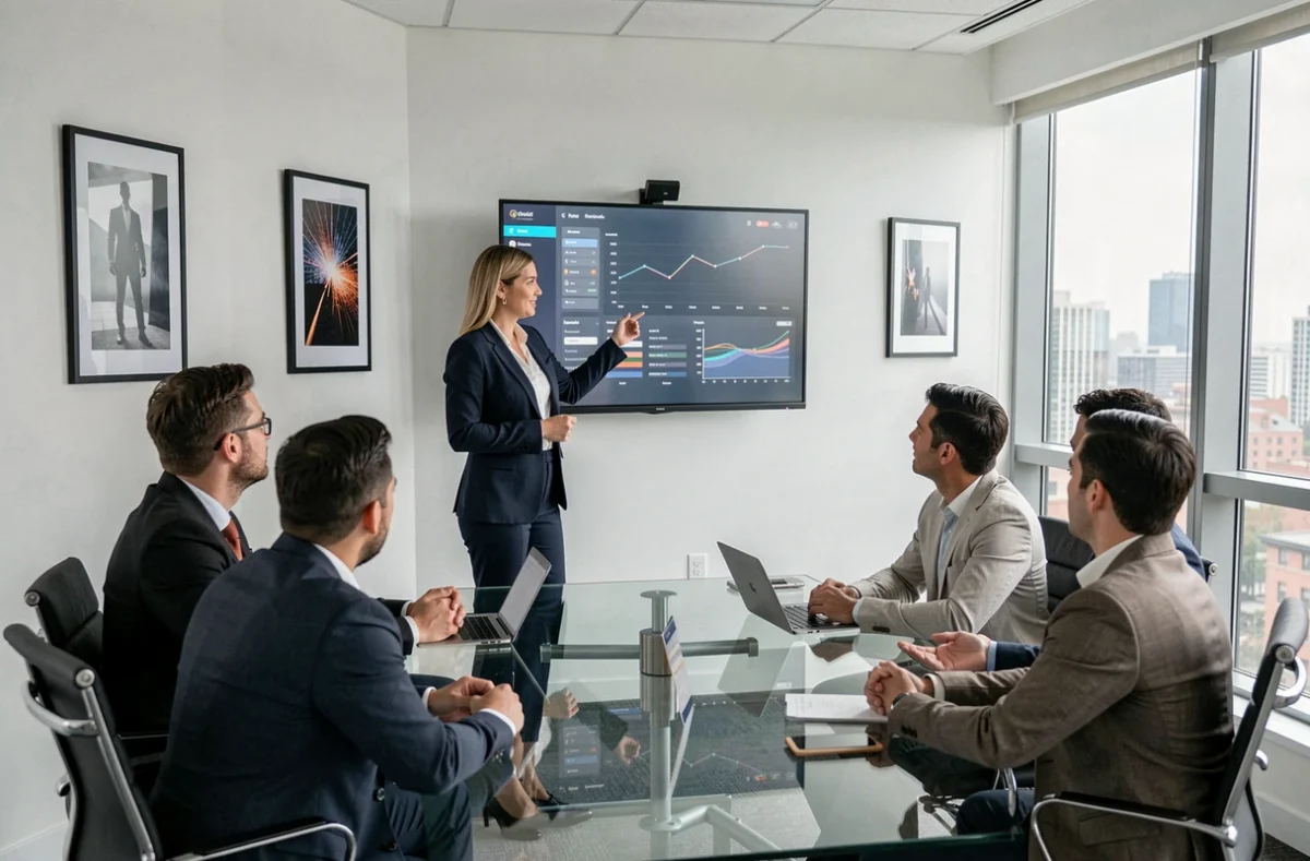 Présentation d'une application mobile par une professionnelle de l'agence Digital Impackt lors d'une réunion client dans un bureau contemporain