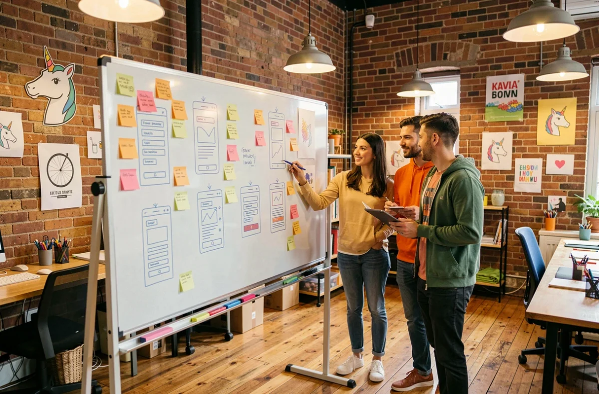 Équipe créative de l'agence Digital Unicorn brainstormant autour de maquettes d'applications mobiles dans un espace de travail dynamique
