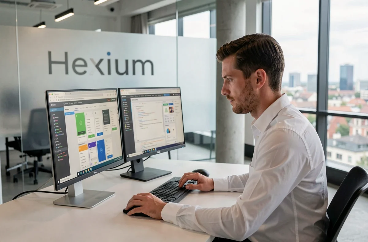 Développeur de l'agence Hexium travaillant sur des interfaces d'applications mobiles dans un bureau moderne à Toulouse