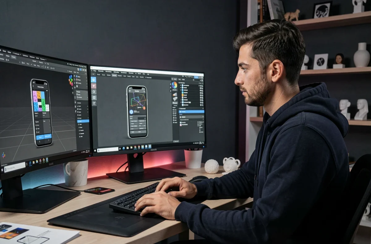 Spécialiste en visualisation 3D de l'agence JV3D travaillant sur une interface d'application mobile avec des outils de modélisation avancés