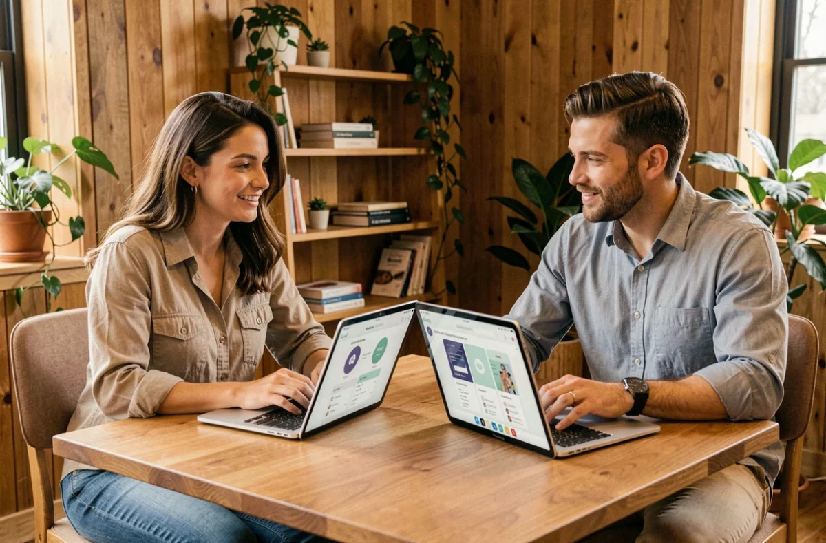 Duo de professionnels de l'agence Keole et Gazoline collaborant sur le prototype d'une application mobile dans un bureau chaleureux