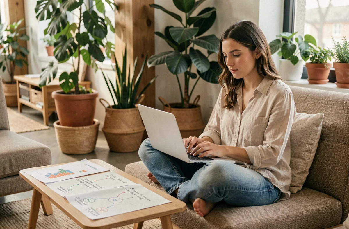 Chercheuse UX de l'agence Mareco analysant des retours utilisateurs pour une application mobile dans un espace de travail décontracté et humain