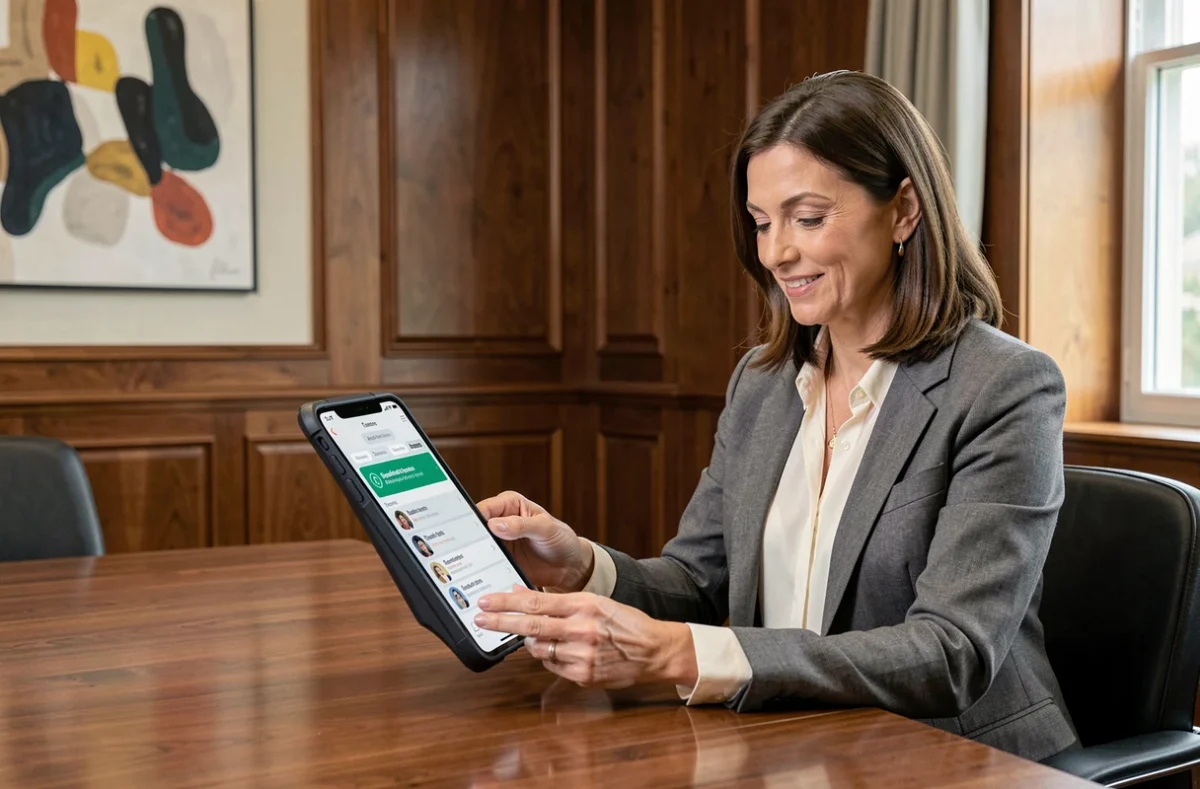 Stratège en communication de l'agence Pandora Communication analysant une stratégie d'application mobile sur tablette dans une salle de réunion élégante