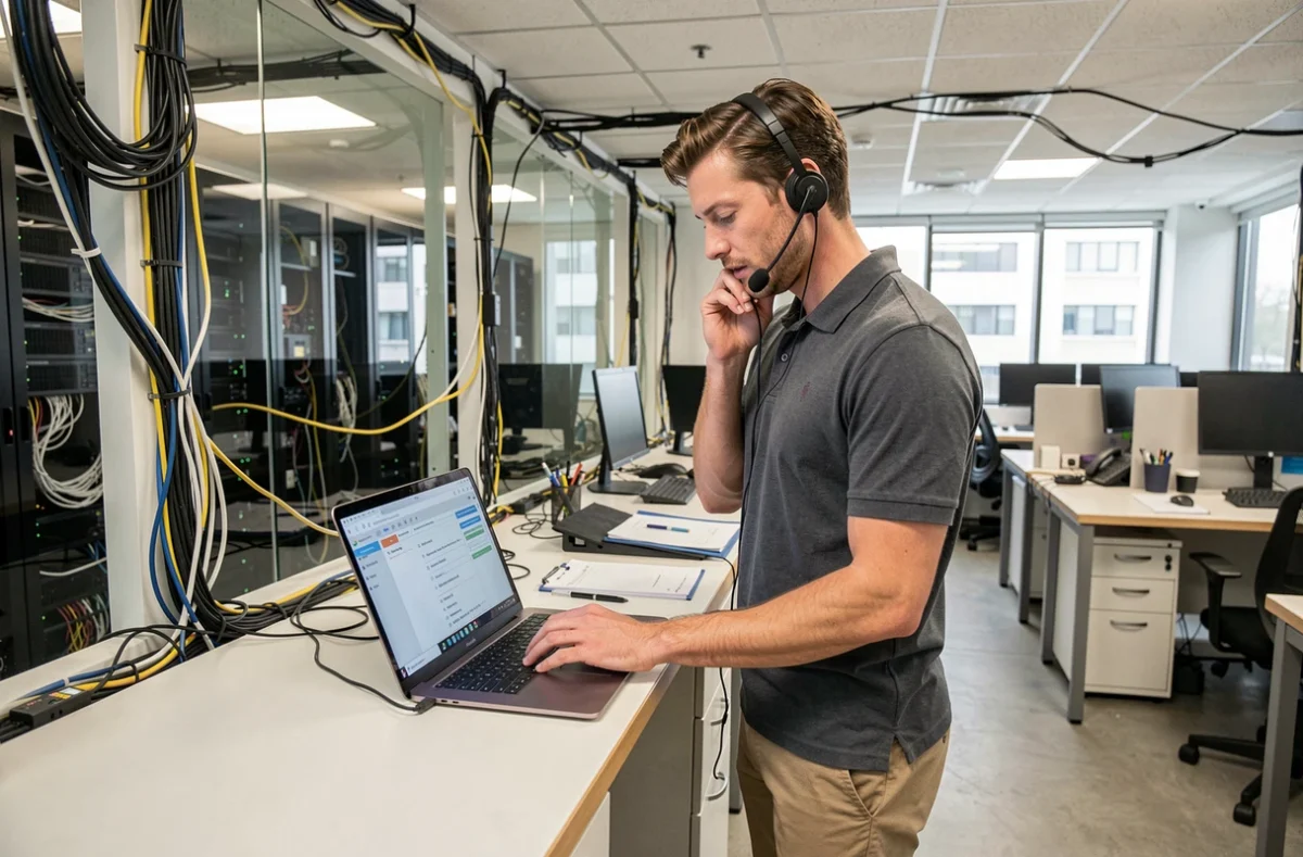 Chef de projet technique de l'agence Paxtel gérant le déploiement d'une application mobile depuis un bureau bien organisé avec infrastructure visible