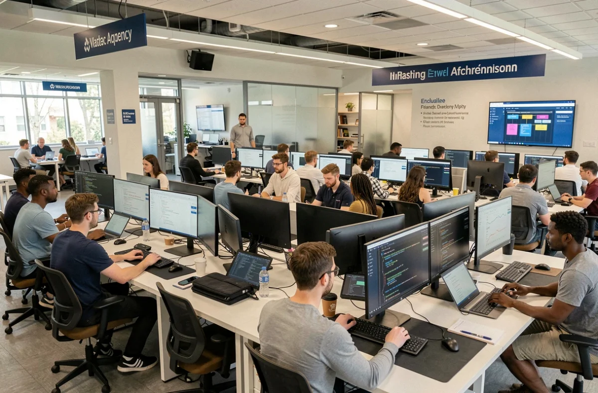 Grande équipe de développeurs de l'agence Smile travaillant en open space sur des projets d'applications mobiles dans un environnement professionnel structuré