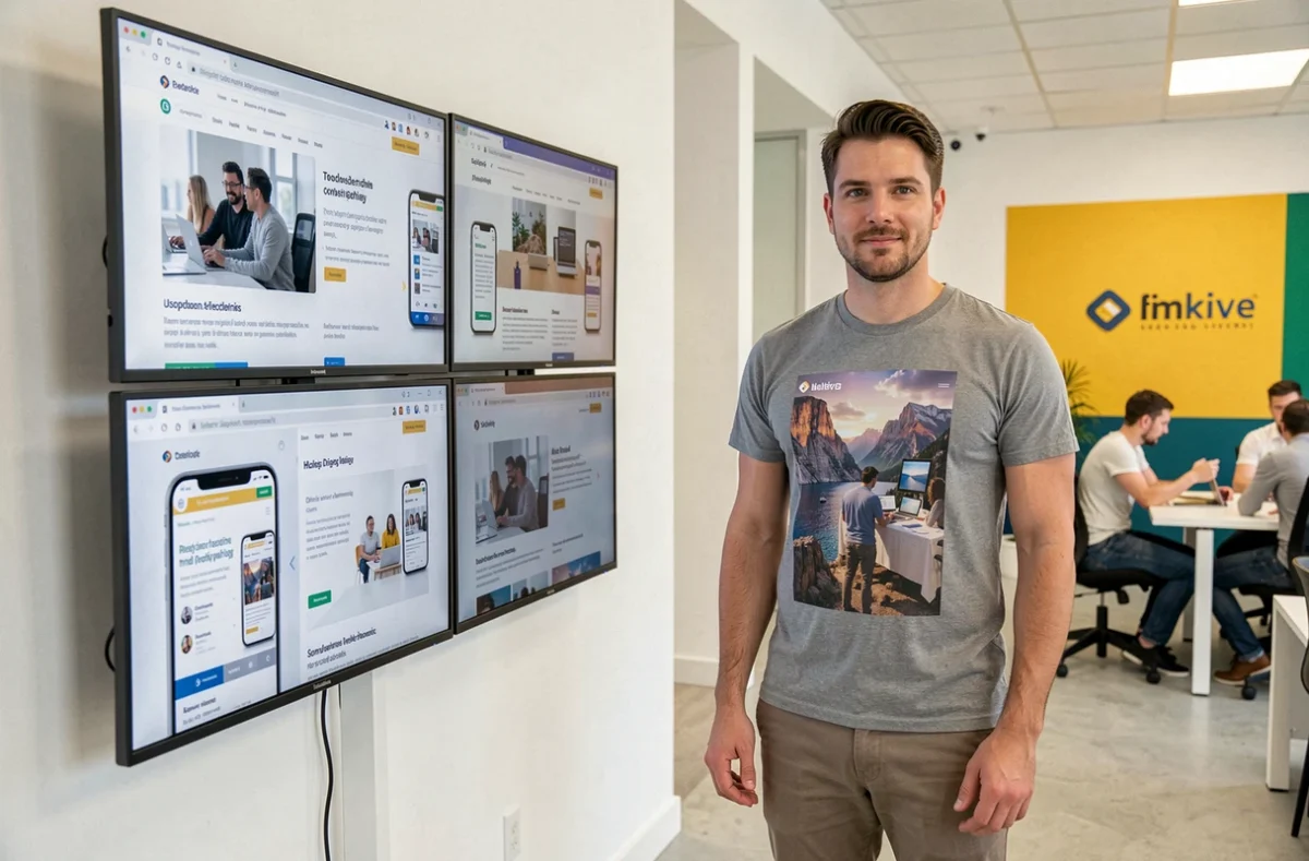 Développeur de l'agence Webpulser présentant un projet d'application mobile et web responsive sur un mur d'écrans dans un bureau moderne et épuré