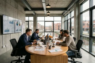 Équipe de professionnels collaborant autour de données et d'intelligence artificielle dans un bureau moderne des Hauts-de-France