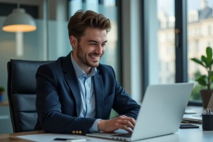 Jeune agent municipal utilisant un ordinateur à Paris