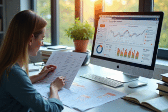 Personne analysant une feuille de calcul SEO lumineuse