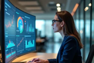 Analyste décisionnelle examinant des tableaux de bord de business intelligence sur un moniteur incurvé dans un bureau moderne