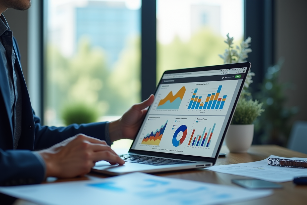 Analyste de données au bureau moderne avec graphiques colorés