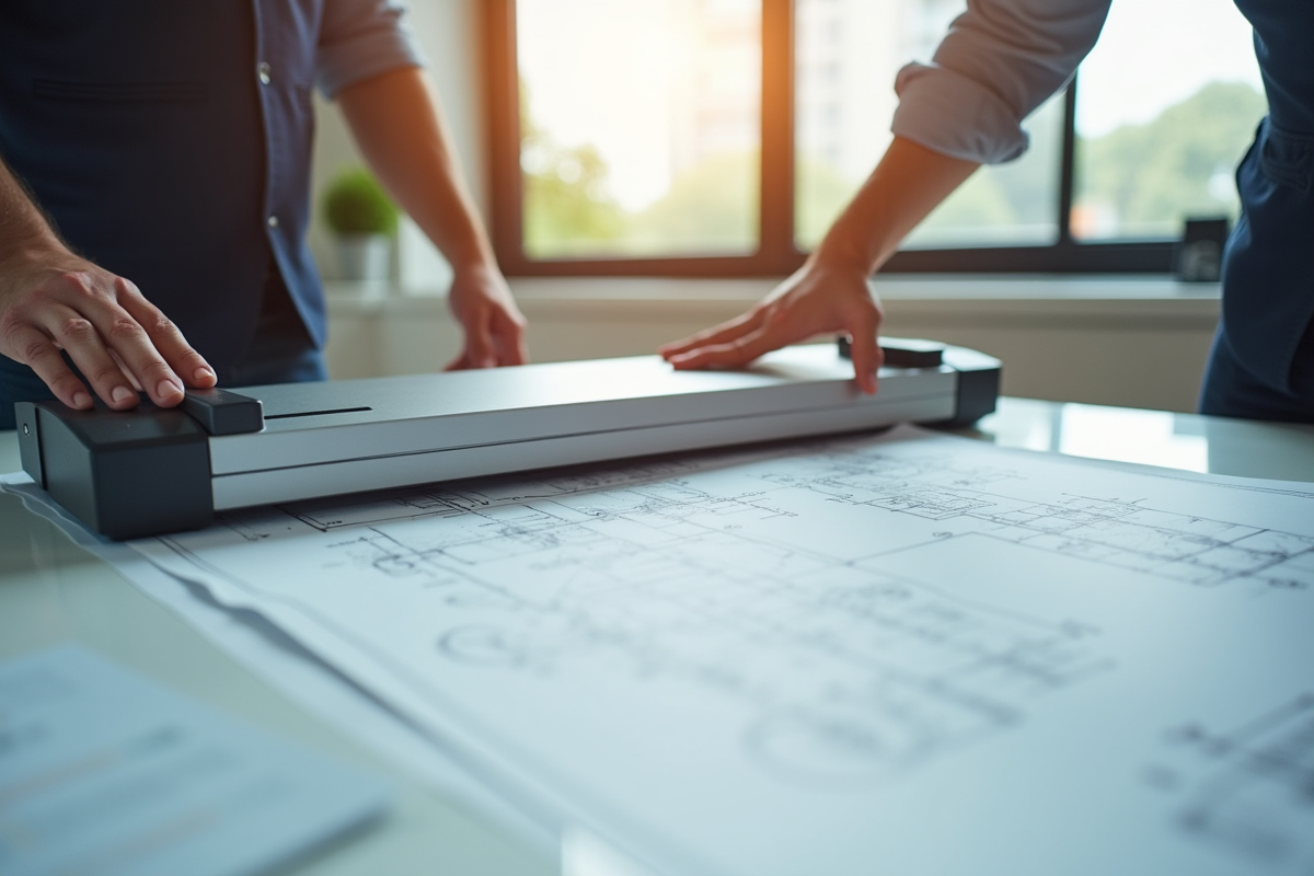 Architecte scannant des plans techniques sur un bureau moderne