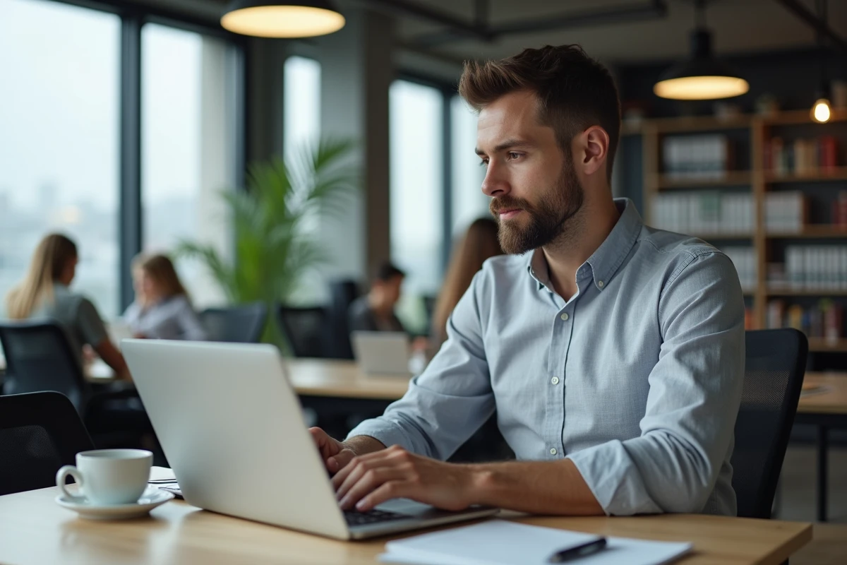 Homme archivant des emails professionnels sur un ordinateur portable dans un espace de travail moderne avec messagerie Mel ouvert