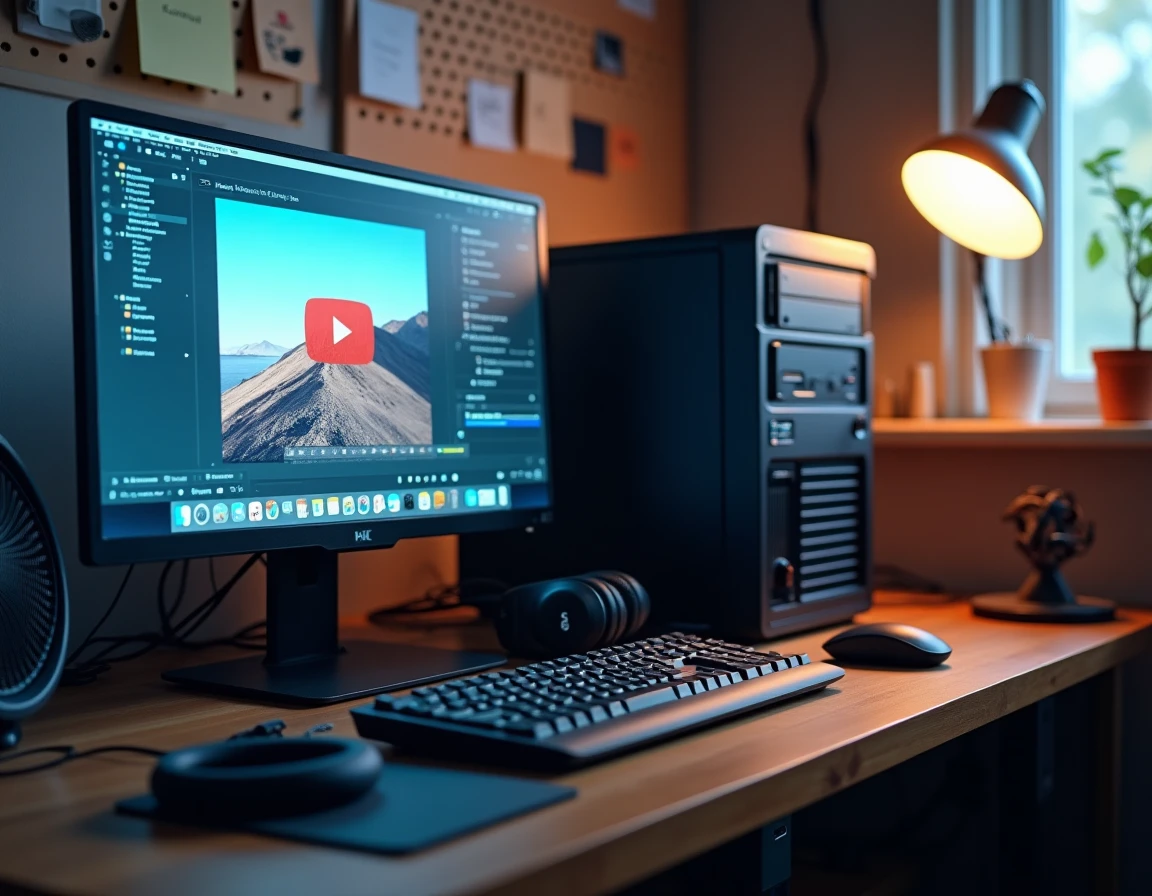 Bureau informatique avec interface de conversion YouTube MP4 et clé USB connectée