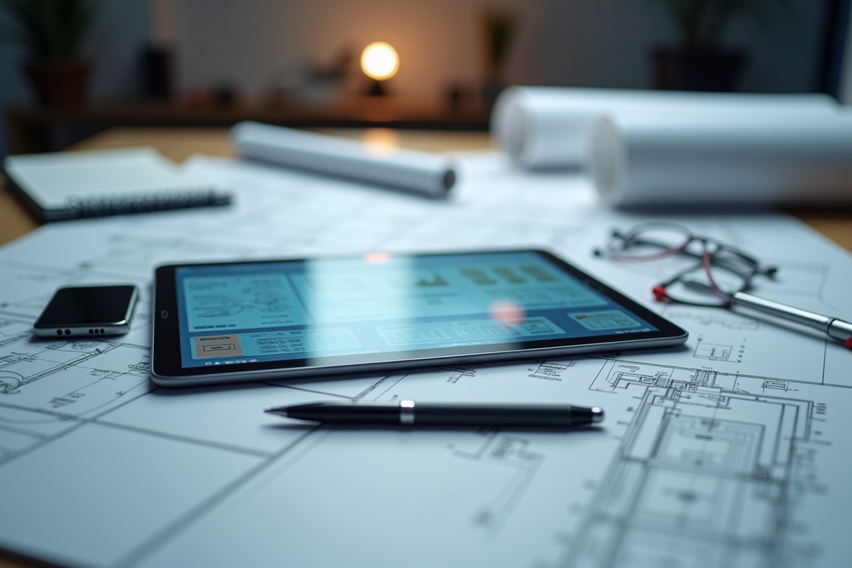 Espace de travail d ingénierie avec tablette et plans roulés