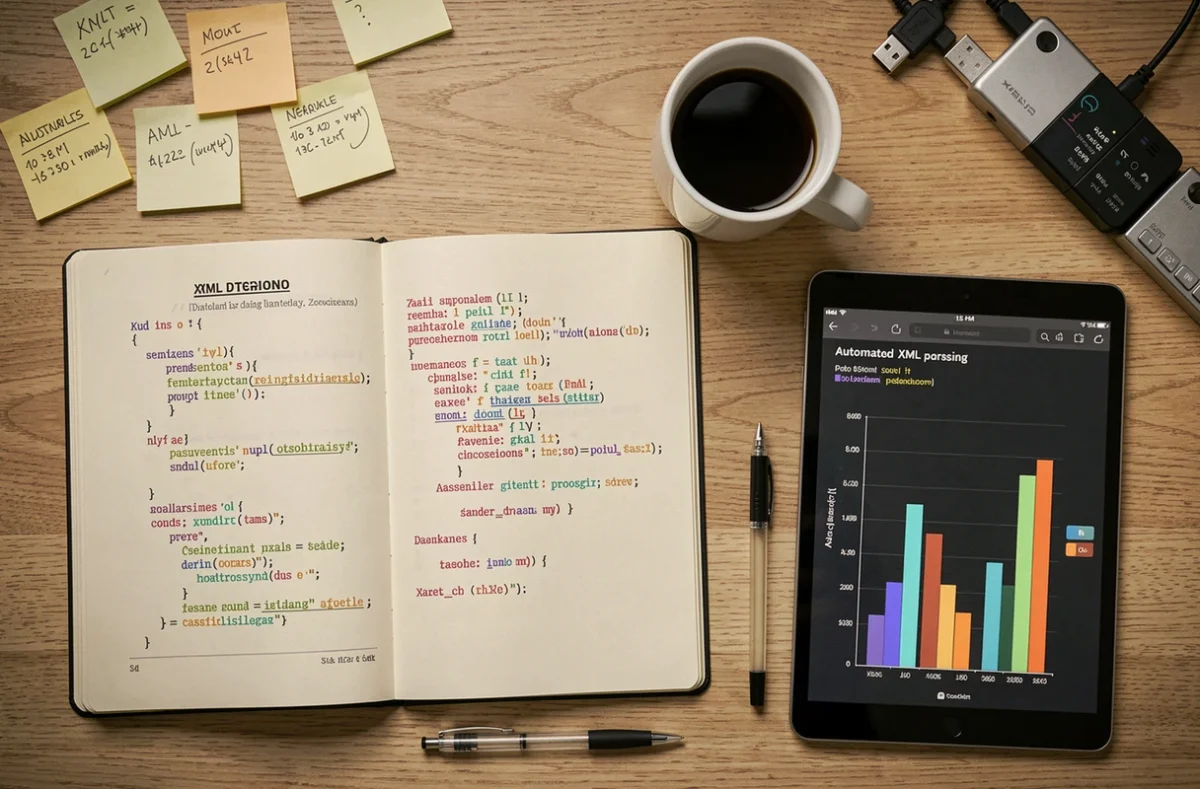 Vue aérienne d'un bureau avec rapport XML imprimé, notes Python manuscrites et graphique généré automatiquement sur tablette