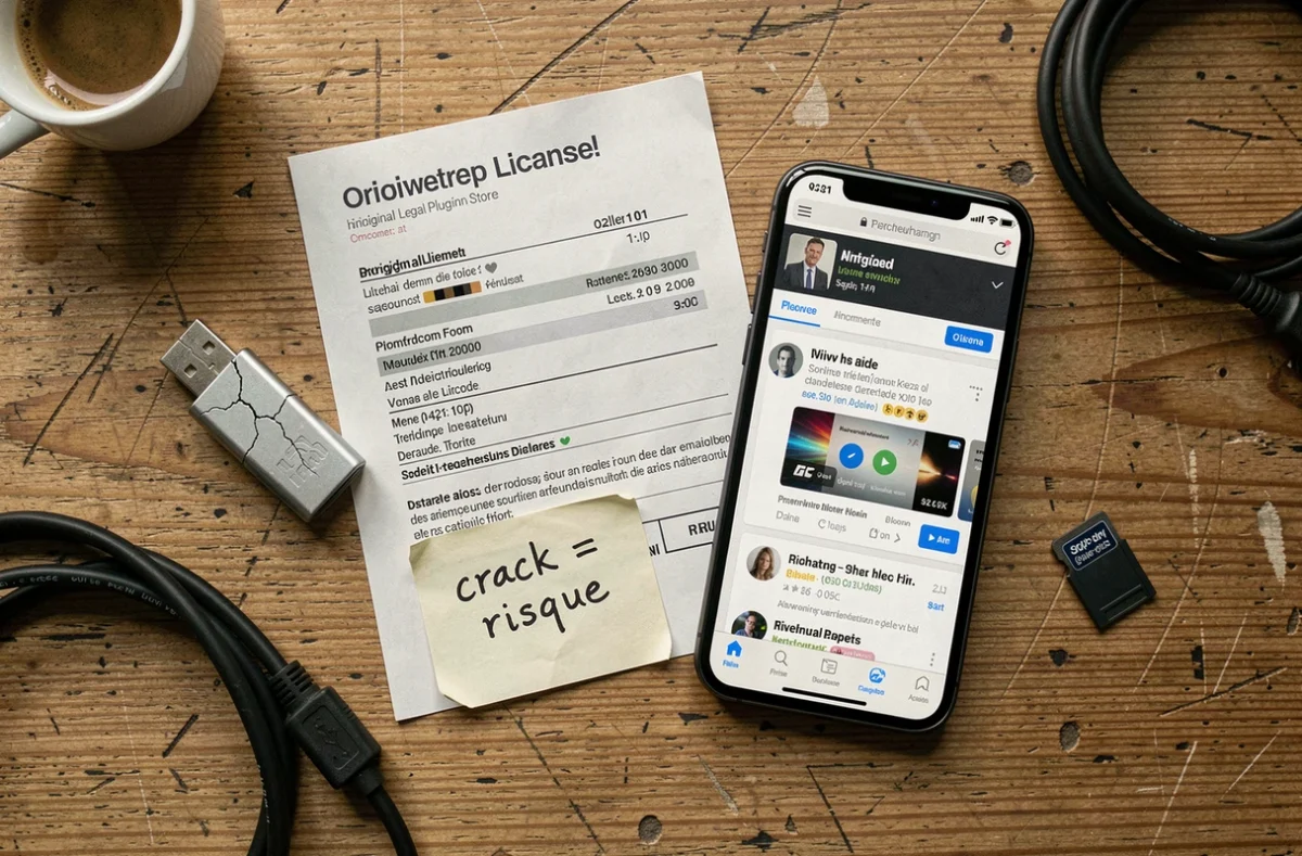 Vue aérienne d'un bureau de studio comparant crack et licence légale de logiciel MAO