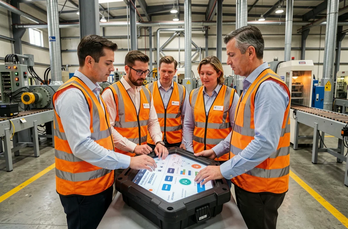Équipe d'ingénieurs industriels consultant un tableau de bord IA de maintenance prédictive dans une usine pour Capgemini