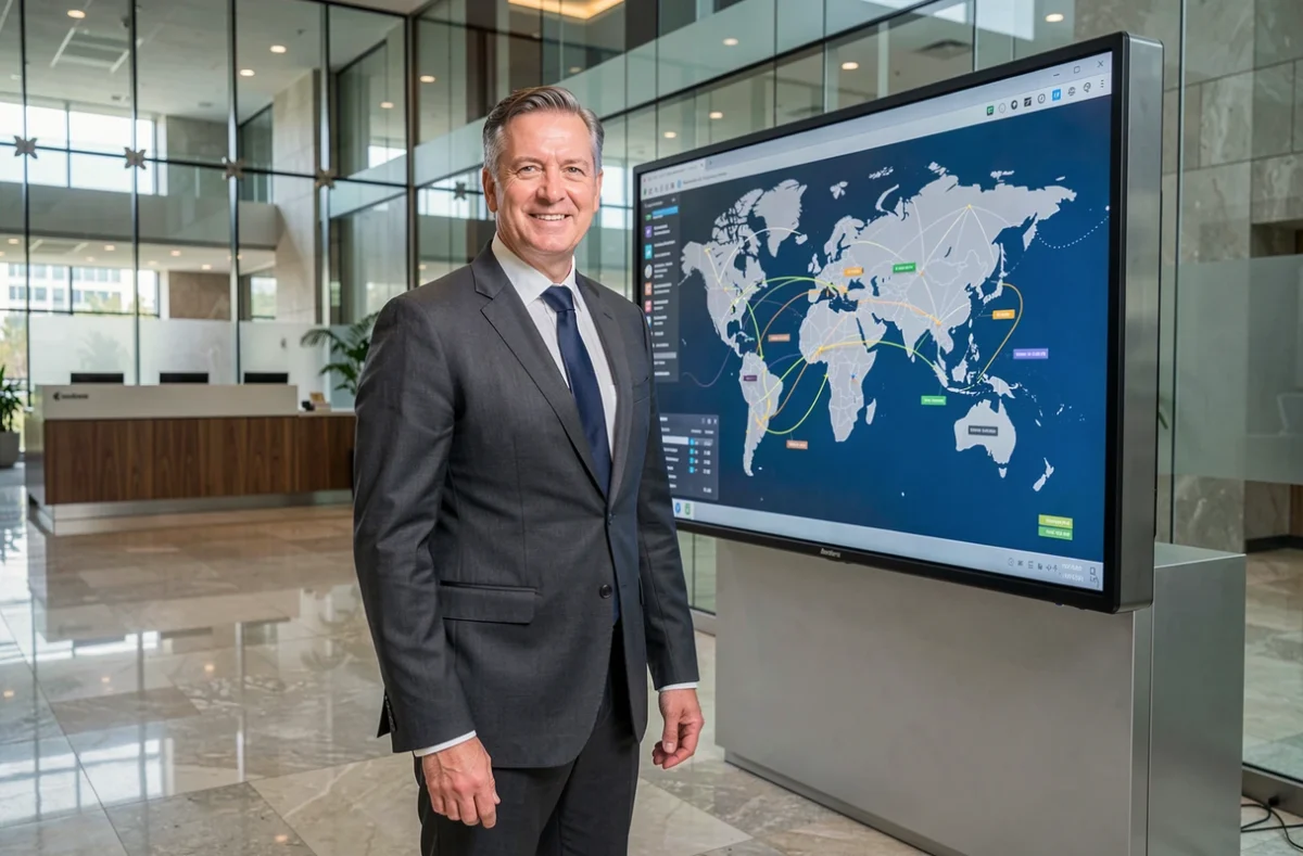 Chef de projet senior devant une carte réseau mondiale dans le hall d'une grande entreprise internationale, illustrant Capgemini intégrateur de solutions