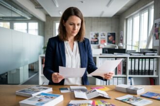 Professionnelle en agence comparant différents supports imprimés marketing sur une table de travail