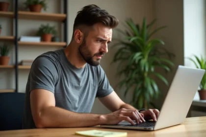 Homme confus devant un clavier inversé sur un ordinateur portable Windows 11 à son bureau à domicile
