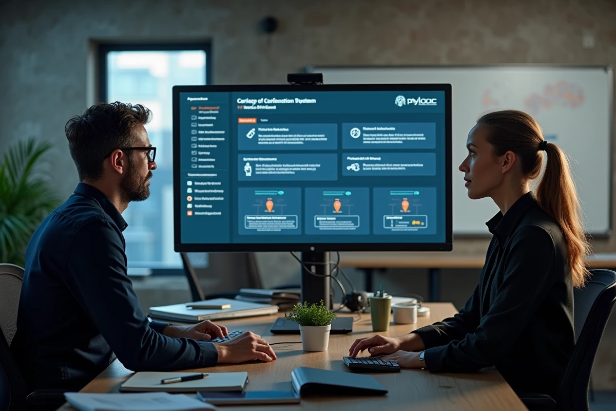 Deux professionnels IT collaborant pour corriger des erreurs de configuration phyLOGIC sur un tableau de bord système