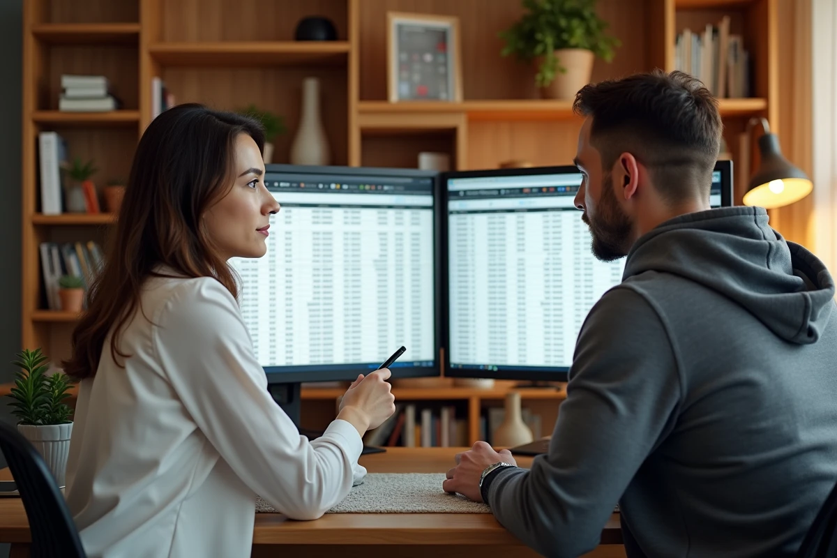 Deux collègues collaborant sur une transformation de données Excel de lignes en colonnes sur un poste de travail double écran en home office