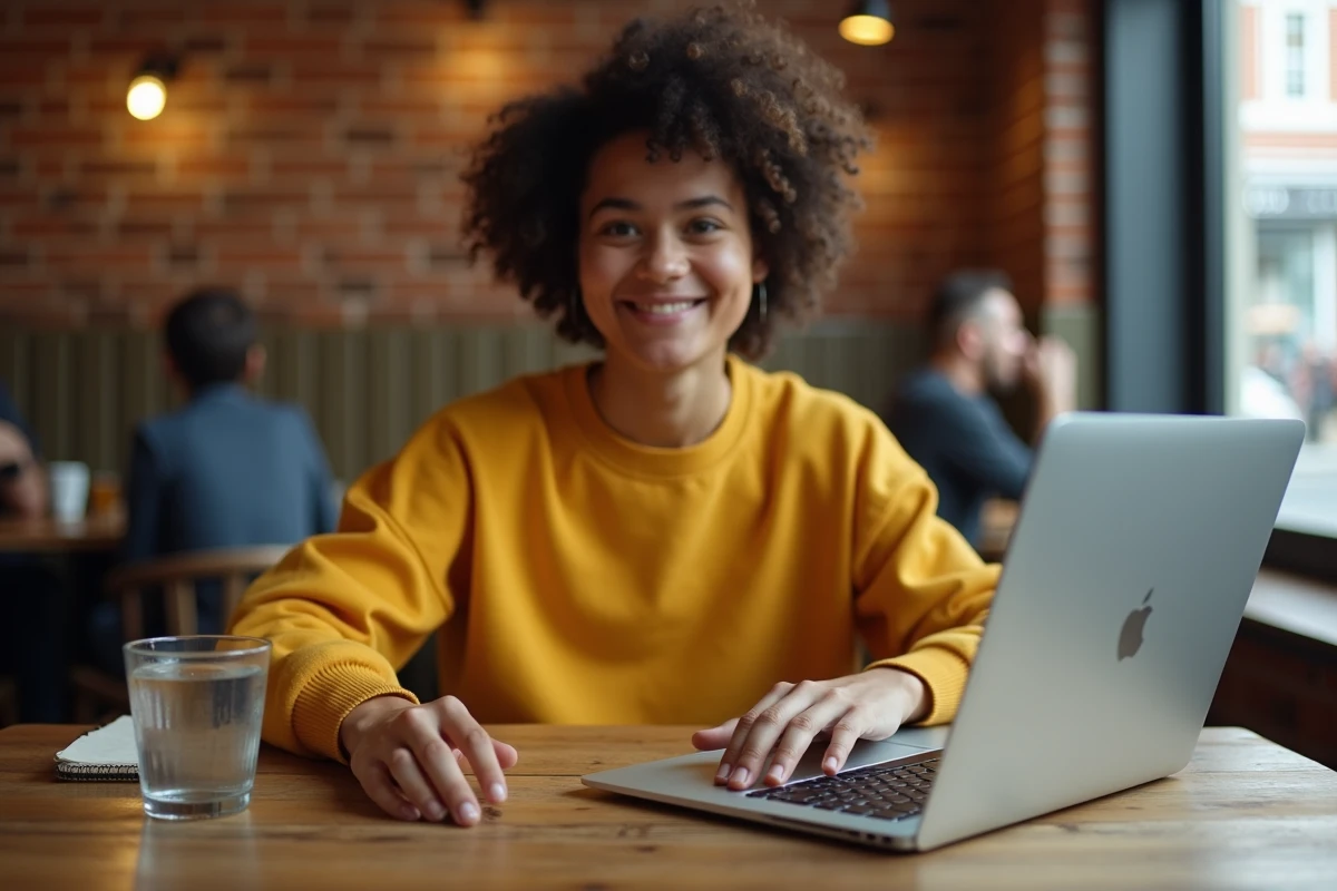 Démonstration comparative de la bonne et mauvaise position des mains sur un ordinateur portable dans un café urbain