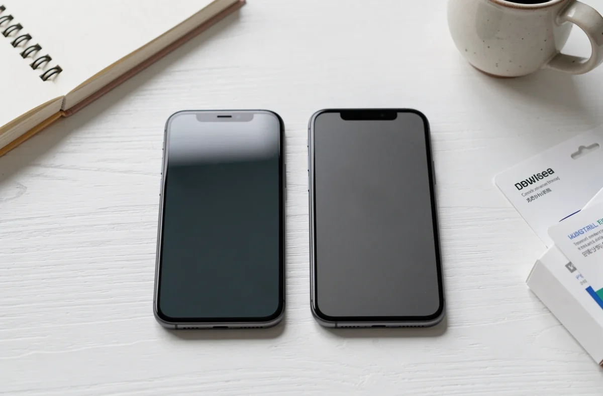 Comparaison côte à côte d'un verre trempé et d'un film souple anti-espion sur deux smartphones posés sur un bureau en bois blanc