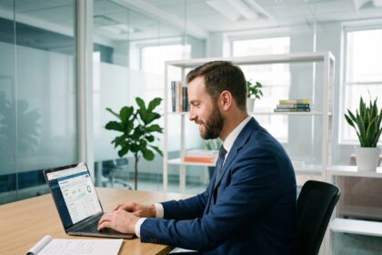 Homme comptable en costume navy dans un bureau moderne