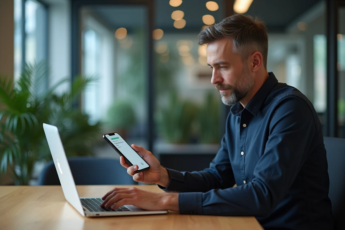 Professionnel configurant SOGo Lille sur mobile à côté d'un ordinateur portable en open space