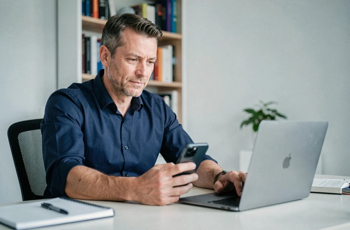 Homme configurant la messagerie Wibox sur iPhone dans un bureau à domicile épuré