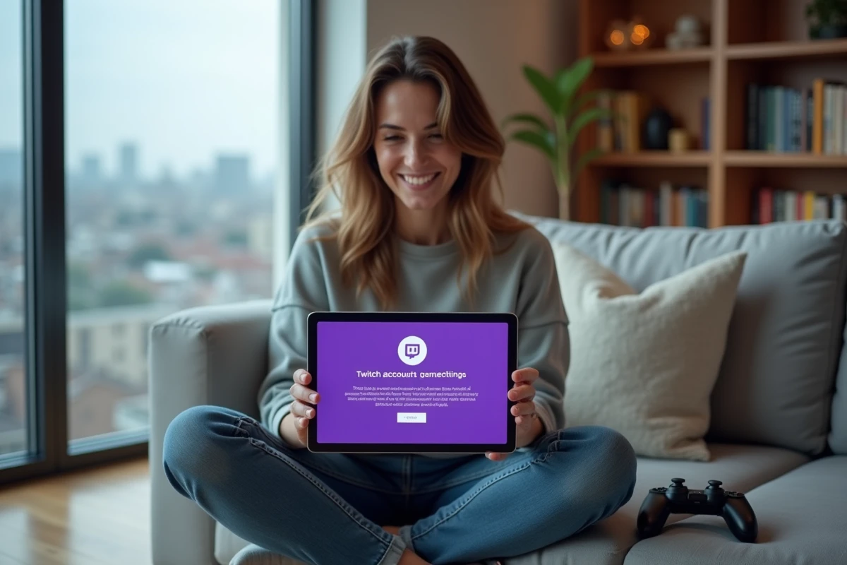 Femme consultant les étapes pour connecter Games Prime à Twitch sur une tablette dans son salon