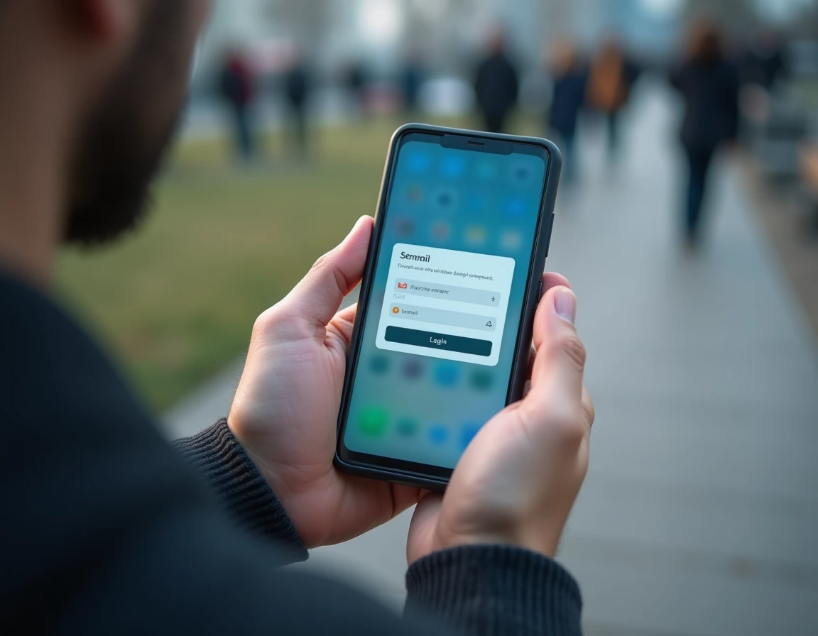 Gros plan sur un smartphone affichant une page de connexion à une messagerie académique dans un espace public