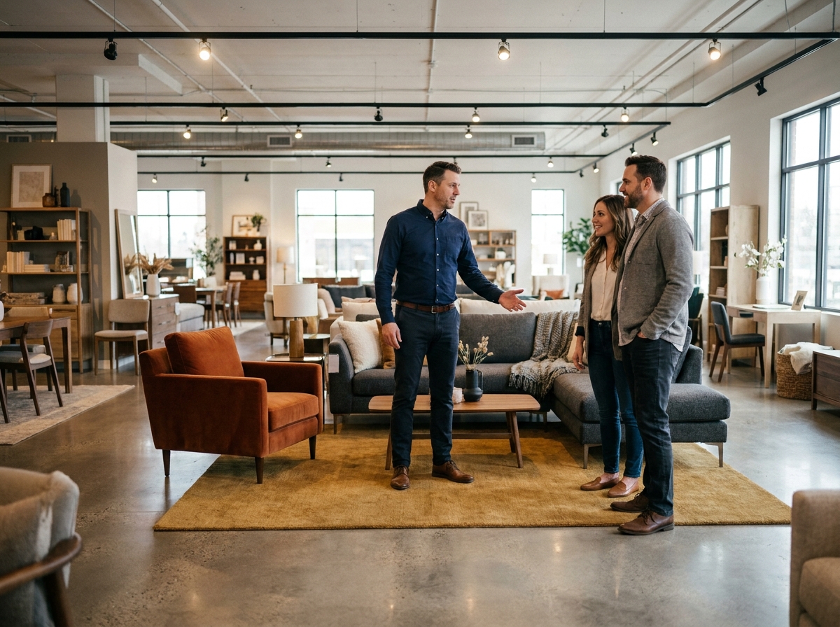 Conseiller en décoration présentant un salon coordonné en couleurs chaudes à un couple dans un magasin de meubles pour augmenter le panier moyen