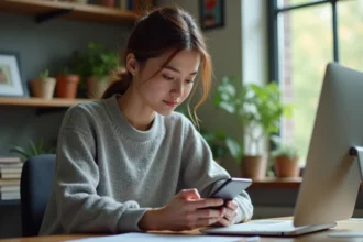 Jeune femme consultant Instagram discrètement sur son smartphone depuis un bureau à domicile