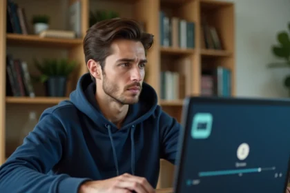 Homme utilisant un convertisseur YouTube en MP3 sur son ordinateur portable à domicile