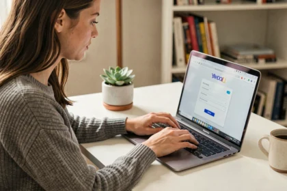 Femme créant une adresse mail secondaire Yahoo sur un ordinateur portable dans un bureau à domicile