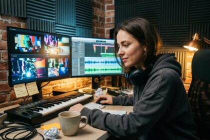 Jeune femme créant un clip musical avec intelligence artificielle dans un studio maison avec deux écrans et clavier MIDI