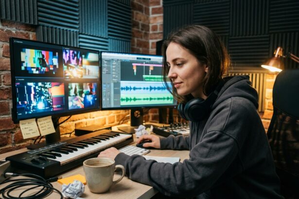 Jeune femme créant un clip musical avec intelligence artificielle dans un studio maison avec deux écrans et clavier MIDI