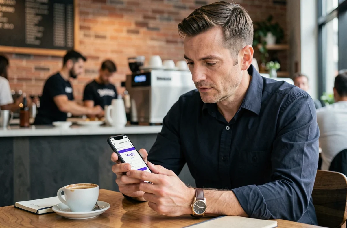 Homme consultant son smartphone pour créer un compte Yahoo mail secondaire dans un café