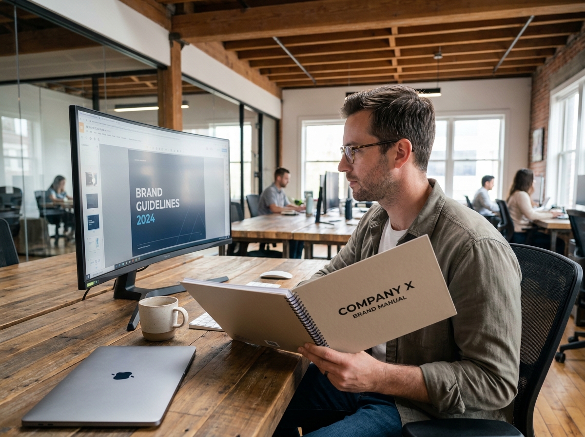 Designer graphique consultant un manuel d'identité visuelle de marque pour PME dans un espace de coworking moderne