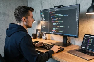Développeur Python concentré analysant du code XML sur un grand écran dans un bureau minimaliste en béton